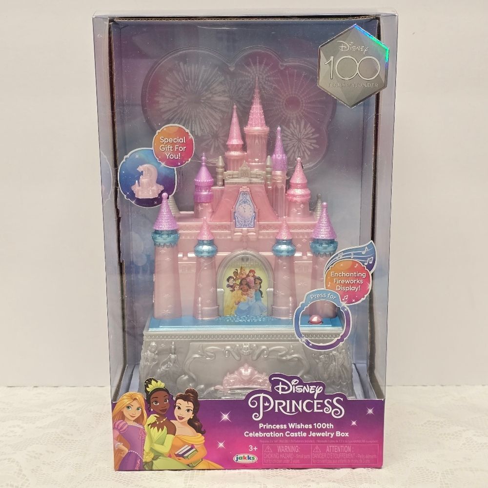 DISNEY Princess Wishes 100th Celebration Castle Jewelry Box Light Fireworks NEW